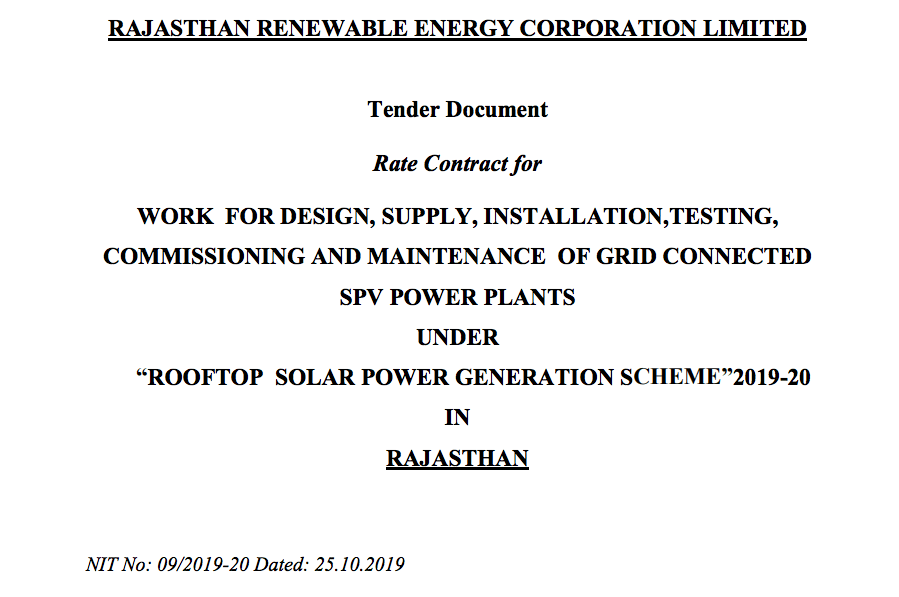 RRECL - 45 MW Tender under Rooftop Solar Power Generation Scheme 2019-20 in Rajasthan